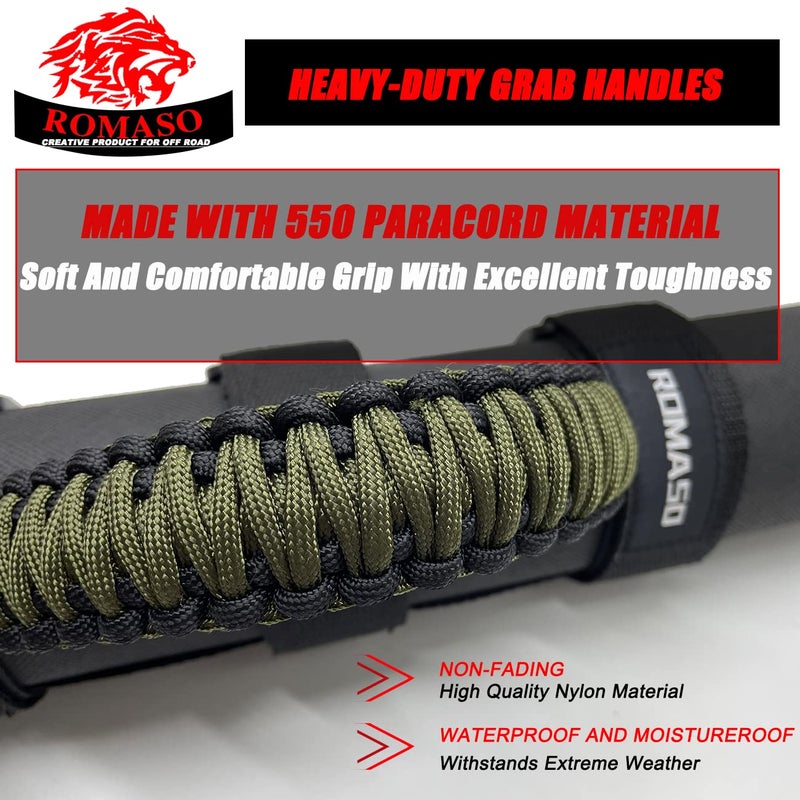 ROMASO Grab Handles for Jeep Wrangler,Roll Bar Grab Handles for Jeep Wrangler YJ TJ JK JL&Gladiator JT 1986-2025,Paracord Grip Handles,Black/Olive,Pack of 2 - Image 3